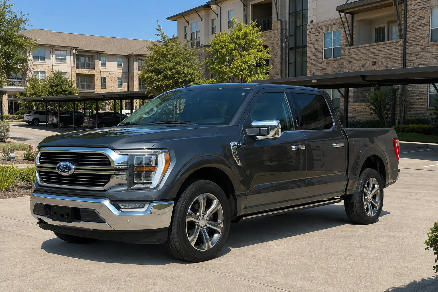 Detailed Ford F-150 at a modern apartment complex