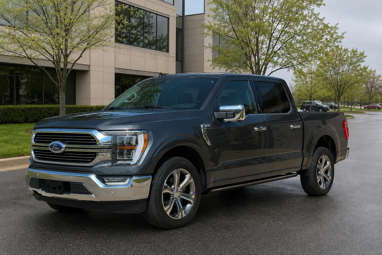 Detailed Ford F-150 in an office parking lot on an overcast day