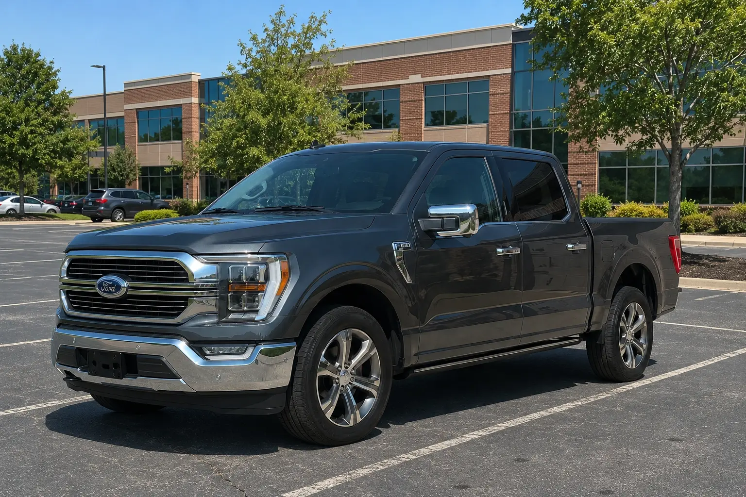 Detailed Ford F-150 in a sunny office parking lot