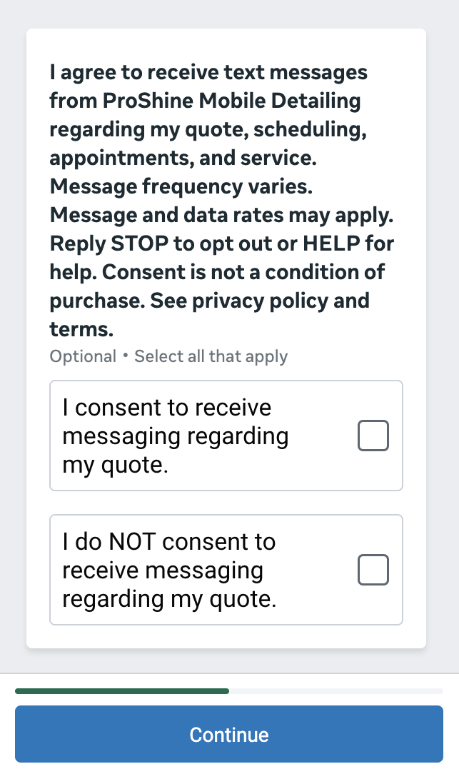 Meta lead form opt-in: I agree to receive text messages from ProShine Mobile Detailing regarding my quote, scheduling, appointments, and service. Message frequency varies. Message and data rates may apply. Reply STOP to opt out or HELP for help. Consent is not a condition of purchase. See privacy policy and terms. Options: I consent to receive messaging regarding my quote. I do NOT consent to receive messaging regarding my quote.