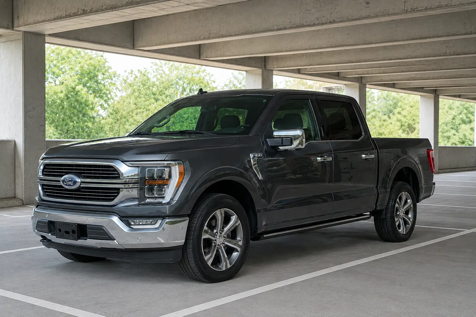 Detailed Ford F-150 parked in a parking garage
